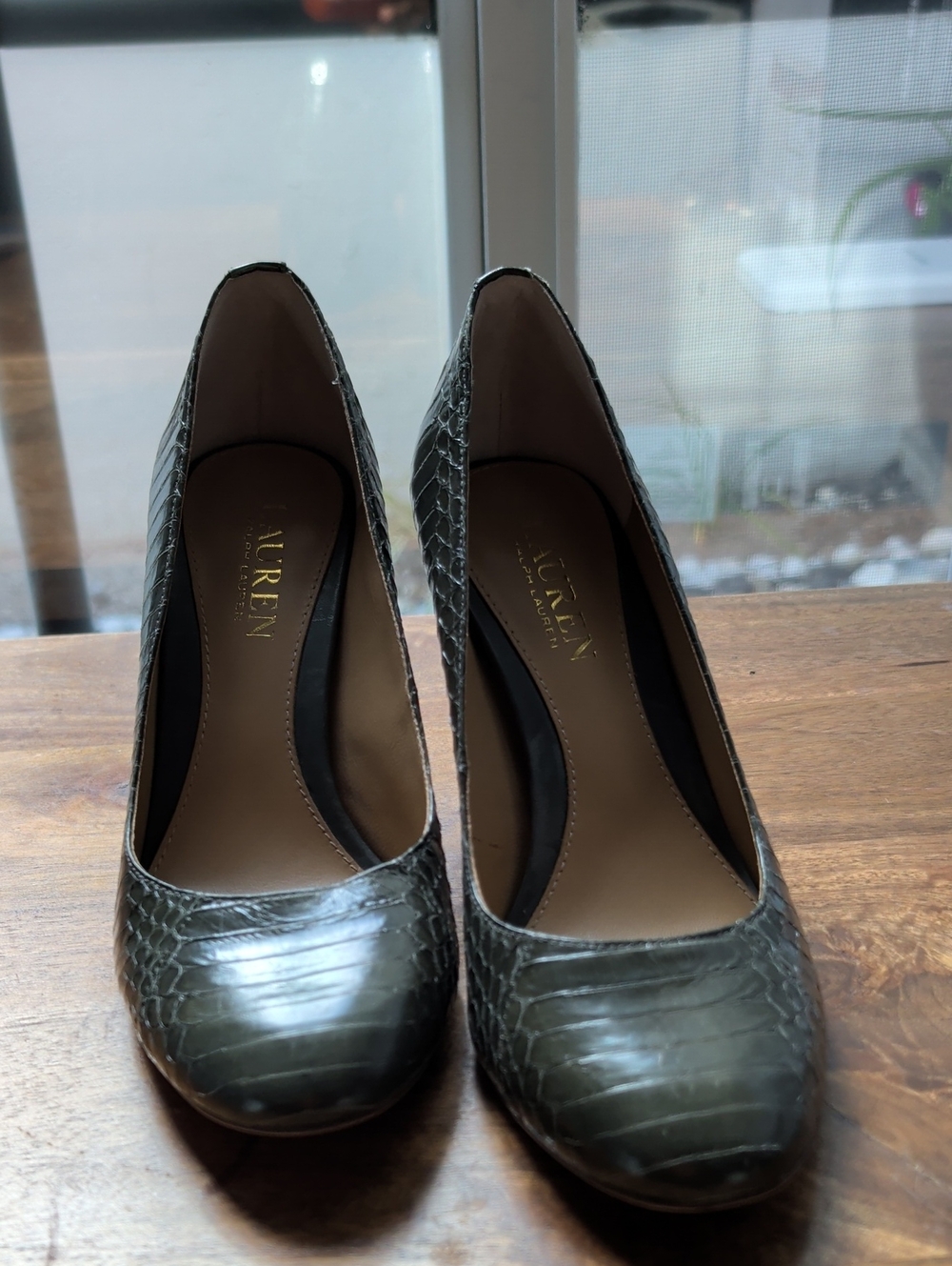 Lauren Ralph Lauren Olive Croc-Embossed Round-Toe Pumps